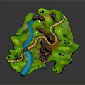Cartoon Floating Island Scene With Green Grass Blue River Waterfall Brown Mountains And Winding Path