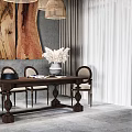 Dark Wooden Dining Table Set With Arched Chairs Woven Pendant Lights And Wooden Wall Art
