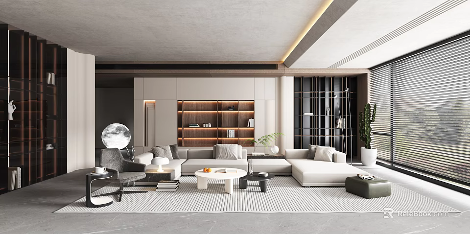 Modern Minimalist Living Room Interior With Beige Sofa Round Coffee Table Bookshelf And Green Plant 3d model 