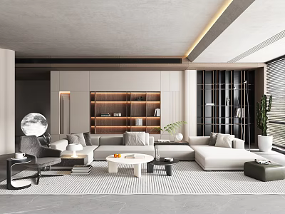 Modern Minimalist Living Room Interior With Beige Sofa Round Coffee Table Bookshelf And Green Plant 3d model