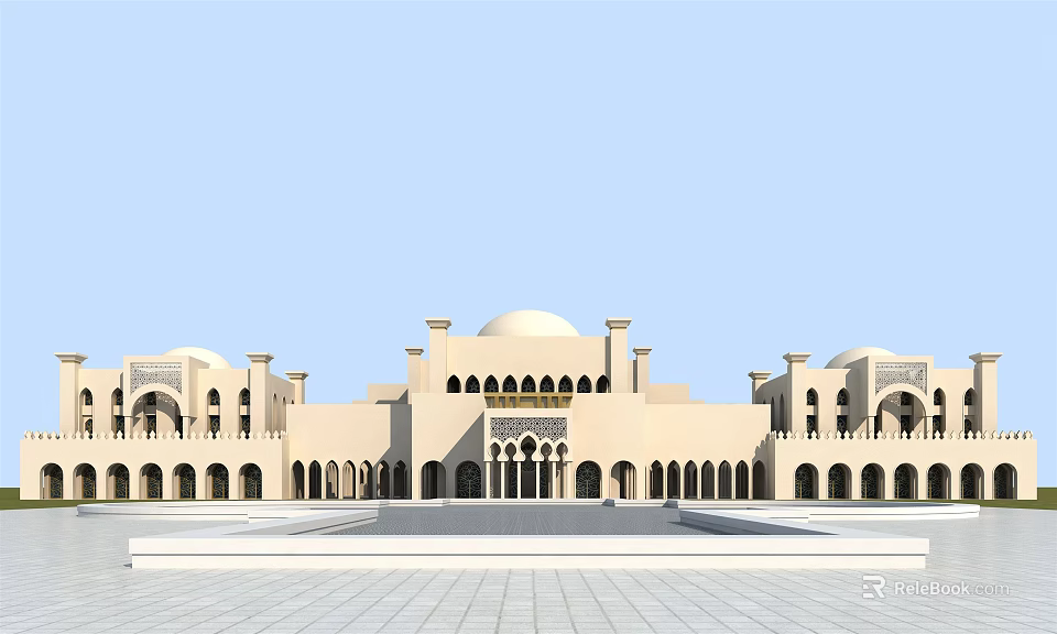 Grand White Islamic Architecture Building With Multiple Domes Arches And Plaza 3d model 