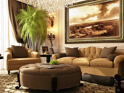 Elegant Sofa Coffee Table With Armchair Large Painting Chandelier Potted Plant In Classic Living Room 3d model