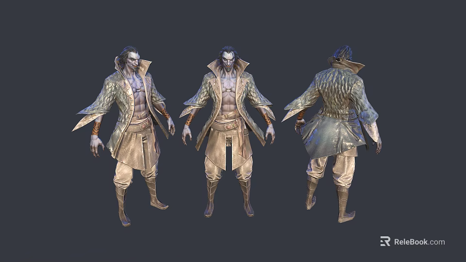 A Man Displayed From Three Angles in Decorative Outfit With Detailed Costume Elements 3d model 