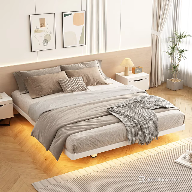 Double Bed with Gray Bedding Pillows Nightstand Table Lamp Decorative Paintings Wooden Floor Green Plant 3d model 