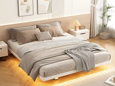 Double Bed with Gray Bedding Pillows Nightstand Table Lamp Decorative Paintings Wooden Floor Green Plant 3d model