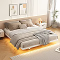 Double Bed with Gray Bedding Pillows Nightstand Table Lamp Decorative Paintings Wooden Floor Green Plant