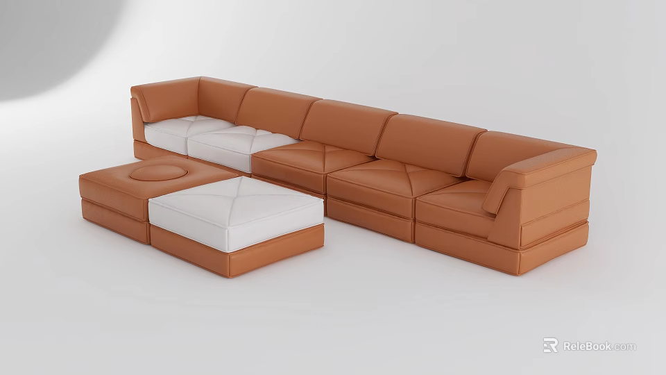 Brown Leather Modular Sectional Sofa With White Cushions And Modern Design 3d model