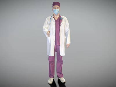 A Man In Doctor Uniform With White Coat Purple Scrubs Face Mask And Stethoscope Standing 3d model