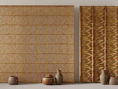 Horizontal And Vertical Woven Bamboo Fence With Clay Pots For Outdoor Decor 3d model