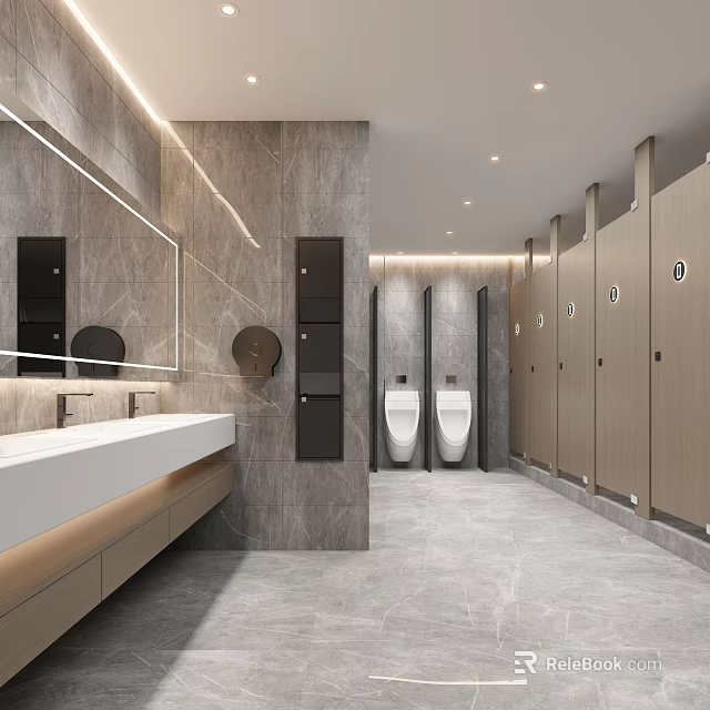 Modern Public Restroom Interior With Gray Marble Walls Washbasin Urinals Stalls And Lighting 3d model 
