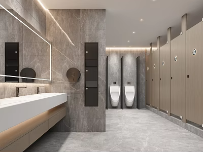 Modern Public Restroom Interior With Gray Marble Walls Washbasin Urinals Stalls And Lighting 3d model