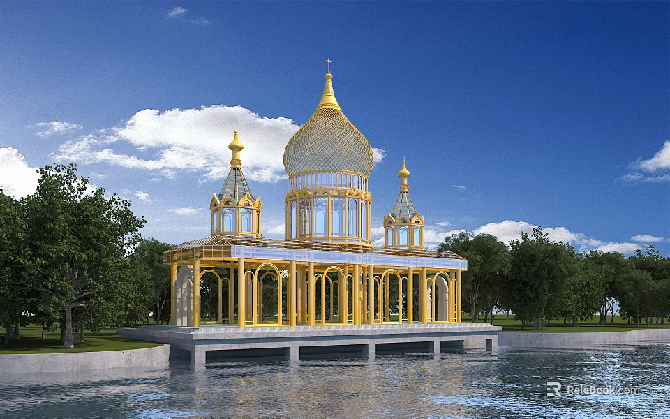 European Style Architecture with Golden Domes and Spires on Waterfront Platform Surrounded by Green Trees 3d model 