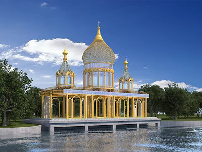 European Style Architecture with Golden Domes and Spires on Waterfront Platform Surrounded by Green Trees 3d model