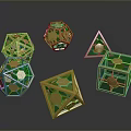 Green And Gold Polyhedral Dice With Various Shapes For Decorative Tabletop Accessories