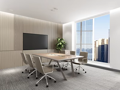 Modern Conference Room With Long Table Chairs Large Screen Window City View And Wooden Walls 3d model