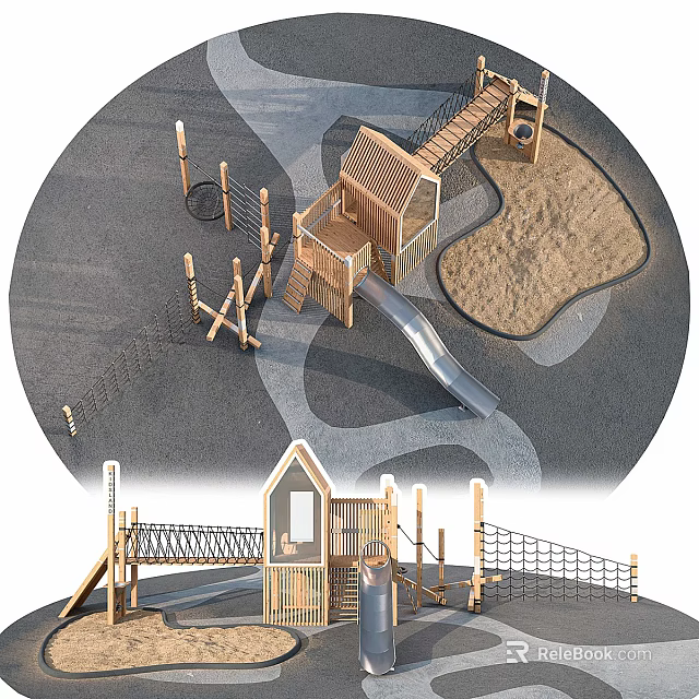 Kids Outdoor Wooden Fitness Playground With Slide Sandpit And Climbing Frame 3d model 