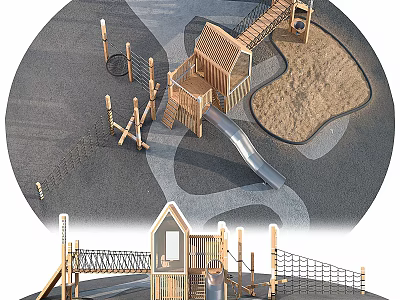Kids Outdoor Wooden Fitness Playground With Slide Sandpit And Climbing Frame 3d model