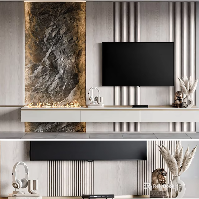Modern TV Wall Design With Stone Accent Panel Floating TV Stand And Decorative Plants 3d model 