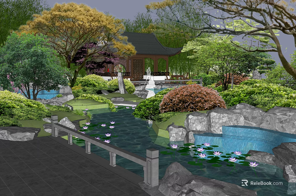 Traditional Chinese Garden Landscape Featuring Pavilion Pond Water Lilies Rocks And Trees 3d model 