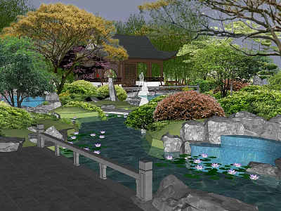 Traditional Chinese Garden Landscape Featuring Pavilion Pond Water Lilies Rocks And Trees 3d model
