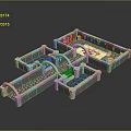 3D Model of Intricate Structure With Stone Pathways Water Pools and Red Decorations
