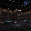 Modern Elevator Lobby With Blue Wall Circular Decor Black Marble Floor Green Sofa Metal Tables