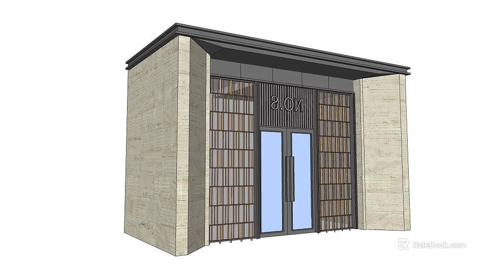 Modern Entrance Gate With Stone Walls Metal Grille And Glass Doors Design 3d model 