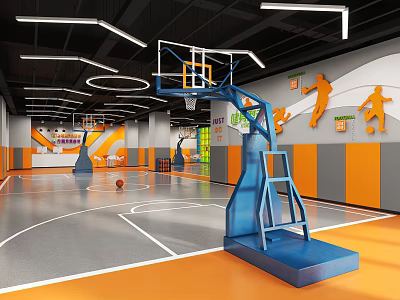 Modern Basketball Court with Blue Hoop Gray Orange Flooring and Sports Wall Silhouettes 3d model