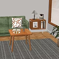 Wooden Coffee Table With Open Book Pastry Plate Flower Vase And Green Sofa In Living Room