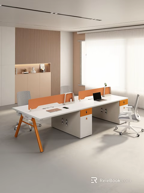 Modern Public Office Space With White Desks Orange Dividers And Ergonomic Chairs 3d model 