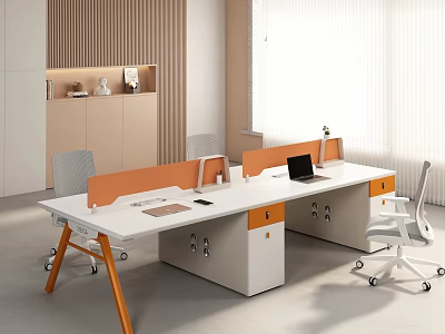 Modern Public Office Space With White Desks Orange Dividers And Ergonomic Chairs 3d model