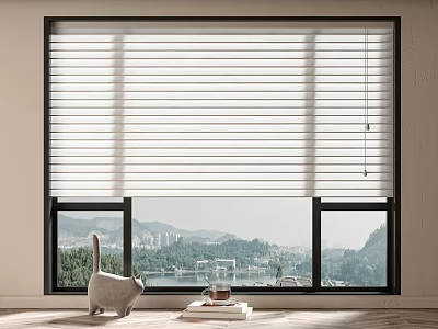 White Window Blinds With Mountain View Cityscape And Cat Ornament Books 3d model