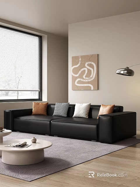 Black Leather Two-Seater Sofa With Brown Checkered White Pillows Abstract Painting And Window Blinds 3d model 