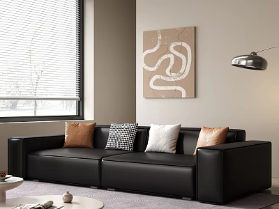 Black Leather Two-Seater Sofa With Brown Checkered White Pillows Abstract Painting And Window Blinds 3d model