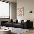 Black Leather Two-Seater Sofa With Brown Checkered White Pillows Abstract Painting And Window Blinds
