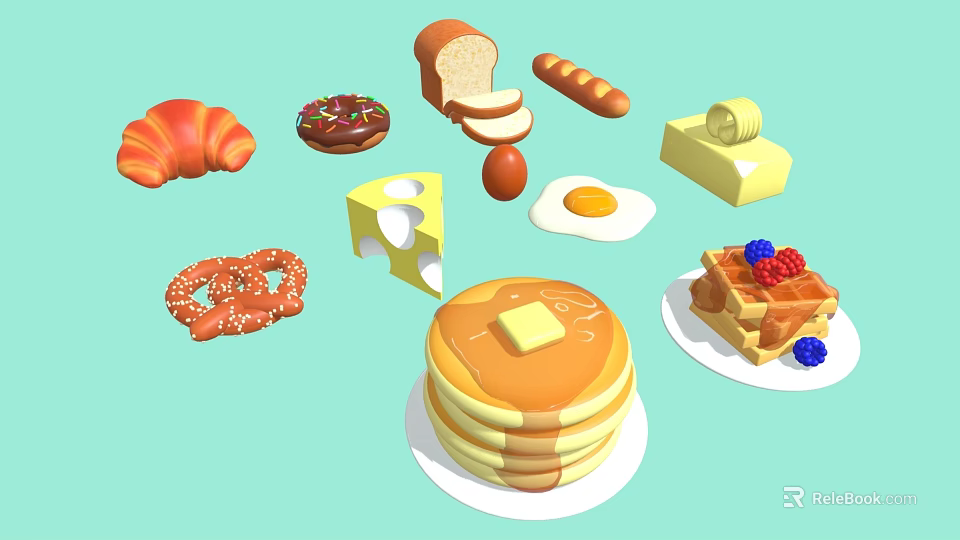 Fresh Breakfast Food Selection Including Pancakes Waffles Croissant Donut And Egg 3d model 