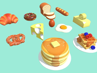 Fresh Breakfast Food Selection Including Pancakes Waffles Croissant Donut And Egg 3d model