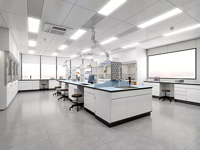 Modern Laboratory Interior Design With Workbench Bright Lighting And Scientific Equipment 3d model
