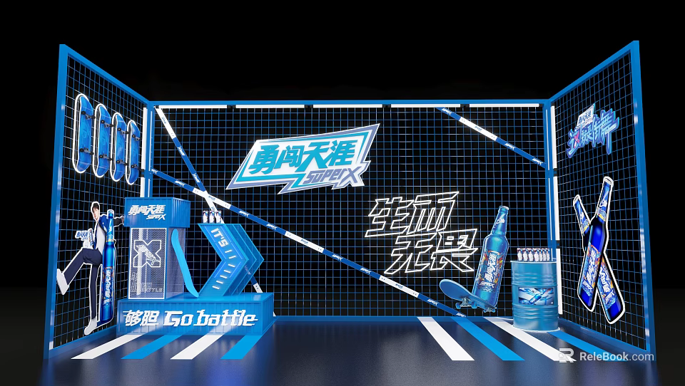 Modern Commercial Beer Display Equipment with Blue Grid Design for Canned and Bottled Products 3d model 