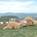 Beautiful Garden Landscape With Green Grassland White Tents Lighting Decorations And Distant Hills
