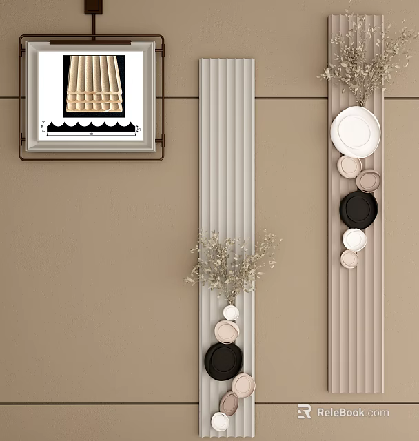 Wall Decor With Artwork Plates Dried Flowers And Ribbed Panels 3d model 