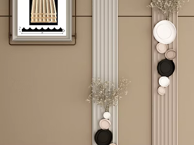 Wall Decor With Artwork Plates Dried Flowers And Ribbed Panels 3d model