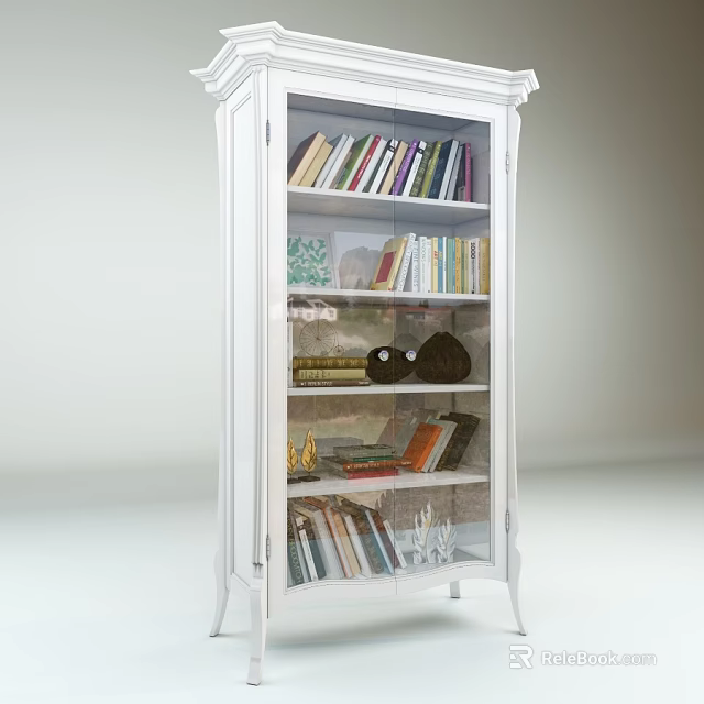 White Glass Door Bookshelf With Stacked Books And Decorative Ornaments In Modern Design 3d model 