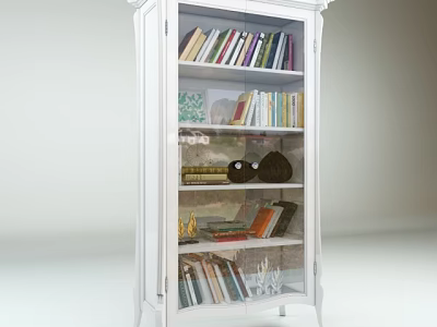 White Glass Door Bookshelf With Stacked Books And Decorative Ornaments In Modern Design 3d model