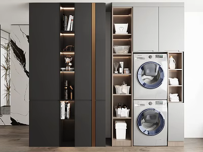 Modern Bathroom Cabinet Rack With Storage Cabinets Washing Machine And Layered Shelves 3d model