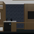Modern Wardrobe with Hanging White Coat Folded Towels Small Fridge TV and Patterned Accent Wall