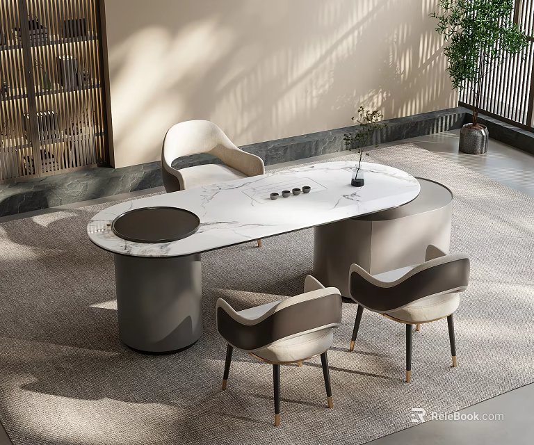 Elegant Modern Tea Table And Chairs With Marble Top And Metal Legs In Bright Room 3d model 