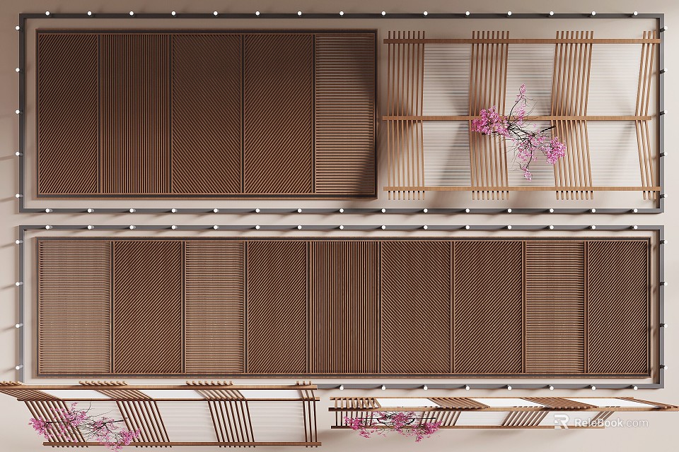 Modern Wooden Ceiling Design With Grid Slats And Pink Flower Decorations 3d model 