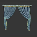 Elegant Blue Curtain With Gold Accents Draped On Decorative Metal Rod