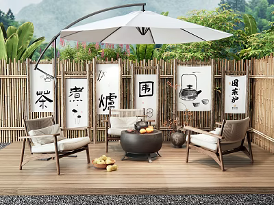 Outdoor Chairs With Bamboo Fence White Umbrella Fire Pit Fruits And Green Plants 3d model